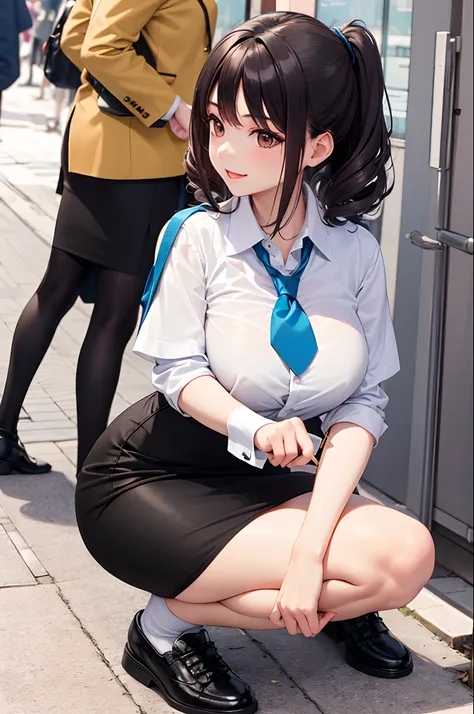 masterpiece, best quality,1girl,young girl,brown eyes,drill hair,evil smile,shiny skin,(nice leg line:1.3),thick thighs,thin waist,huge breasts
BREAK
school uniform,necktie,((pencil skirt)),sneakers
BREAK
park,crowd,depth of field,looking at viewer,squatti...