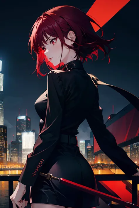 1 girl, solo, dark red hair, badass girl, seductive, modern city night background, black outfit, different hairstyle, short and long hair