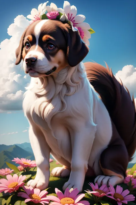 Cachorro nadando em flores no ar em cima de uma nuvem fofa