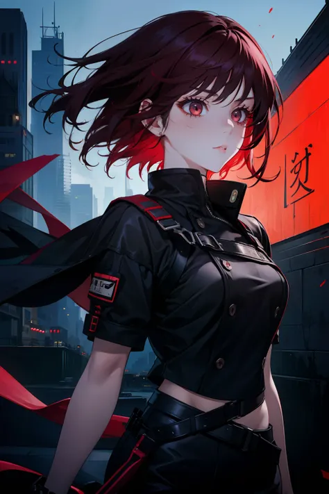 1 girl, solo, dark red hair, badass girl, seductive, modern city night background, black outfit, different hairstyle, short and long hair, cute, lovely, pretty, sexy