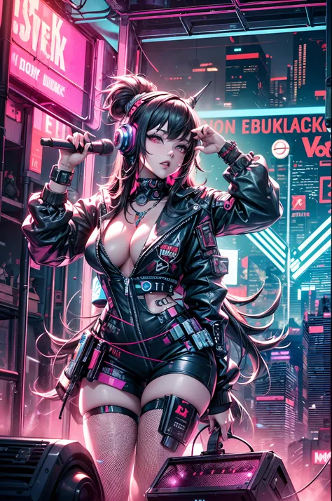 (((Cyberpunk universe))), Cyberpunk idol performing on a neon-lit stage, charismatic and energetic, surrounded by a cheering crowd. Futuristic bass sounds add to the electrifying atmosphere. Dressed in cutting-edge cyberpunk fashion, the idol stands out un...