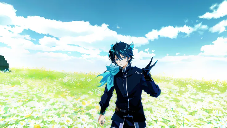 anime guy in a field of daisies with a blue scarf, anime style. 8k, inspired by Okumura Masanobu, anime styled 3d, vrchat, anime highly detailed, trigger anime artstyle, handsome anime pose, inspired by Okumura Togyu, anime stylized, badass anime 8 k, styl...