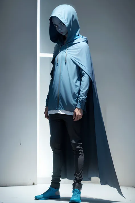 Full body frontal photo Alien genderless young bald blue colored skin wearing a hooded cape hiding his face