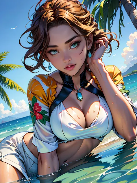 1 girl looking at Hawaii Lahaina burning fire in the back, beautiful face, green eyes, 1 girl painting from the water view, style by Jaime Frias, Best quality, realistic, award-winning illustration in color, (complicated detail: 1.2), (fine detail)