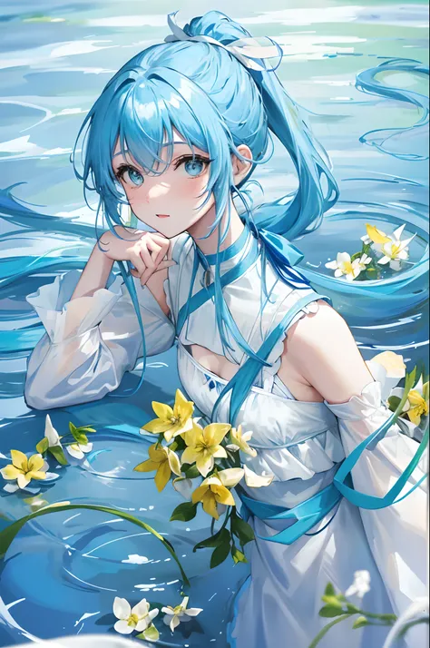 Against the background of the element of water，Light blue double ponytail hair，Yellow bells hang from his hair，Blue and white clothes with milk，Cute cute girl