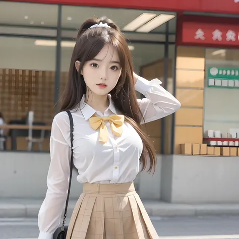 （8K，best qualtiy，tmasterpiece：1.2），realisticlying，超高分辨率，intricately details， 1girll，beautiful  face，JK，white  shirt，yellow bow，neck bowtie，Yellow skirt，plaid skirts，pleatedskirt，Superskirt，big breasts thin waist，Bigchest，standing on your feet，wide wide sho...