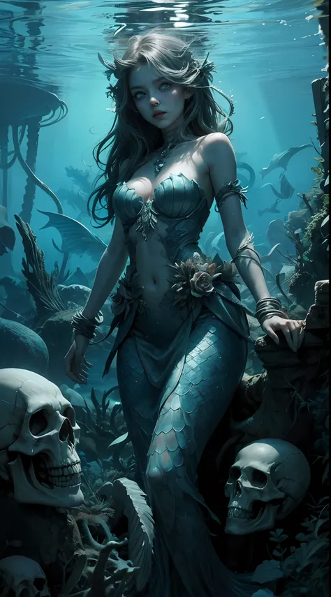 1girl, underwater, skeleton,corpse,Beneath the sea, where tendrils of coral and vines abound, a (mermaid) girl stares at you from amidst a pile of bones and skulls. Her eyes gleam with an eerie light.