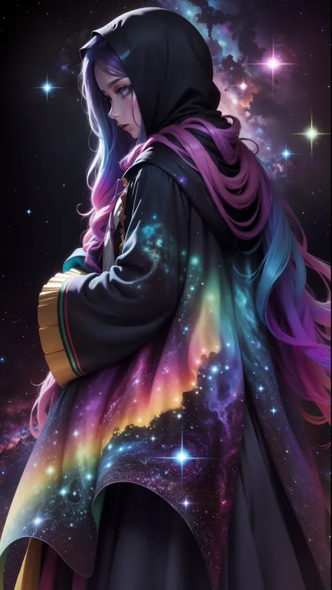 Rainbow-colored creatures，rainbow colored cosmic nebula background，As estrelas，galaxias，cosmic horror，Mysterious Man，terroral，Galaxy fusion，spirals，Cant see the face clearly，robe，hooding，long whitr hair