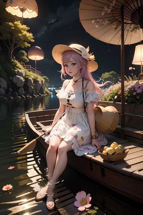 There was a woman sitting on a boat with an umbrella, Loli, Guviz-style artwork, Anime style. 8K, Anime girl cosplay, Anime style mixed with Fujifilm, anime big breast. Soft lighting, Guviz, cute anime waifu in a nice dress, 2. 5 D CGI anime fantasy artwor...