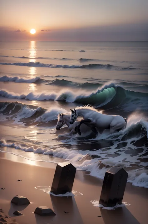 Deux des tombes en face de la mer au coucher du soleil sur la plage A white horse and a black horse