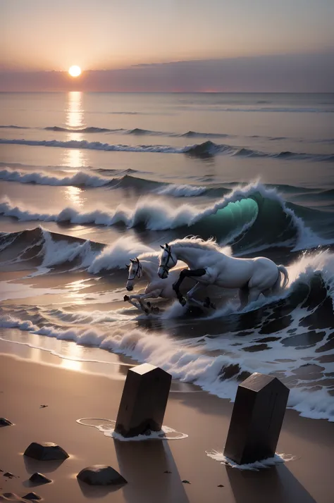 Deux des tombes en face de la mer au coucher du soleil sur la plage A white horse and a black horse