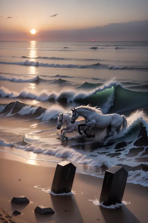 Deux des tombes en face de la mer au coucher du soleil sur la plage A white horse and a black horse