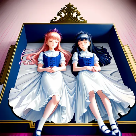 Beautiful twin sisters sleeping in a coffin，Evening wear，White cotton socks，The older sister wears Blue Mary Jane shoes，The younger sister wears pink Mary Jane shoes，Real Human，serene，florals，Royal Sister，A masterpiece of surrealism,Cute, Perfect body, Per...