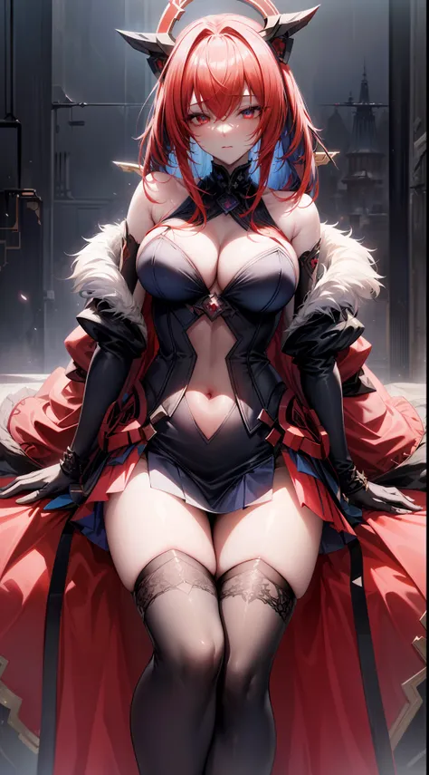 dark ultramarine blue futuristic demon warrior (queen) girl in coverall armored suit (((skirt))) (((mantle))) with sword, (fluffy fur mantle), magic, ((lacy)), futurism, cyberpunk, silk, fur, (stockings), (decollete), navel, natural breasts, slim body, zet...