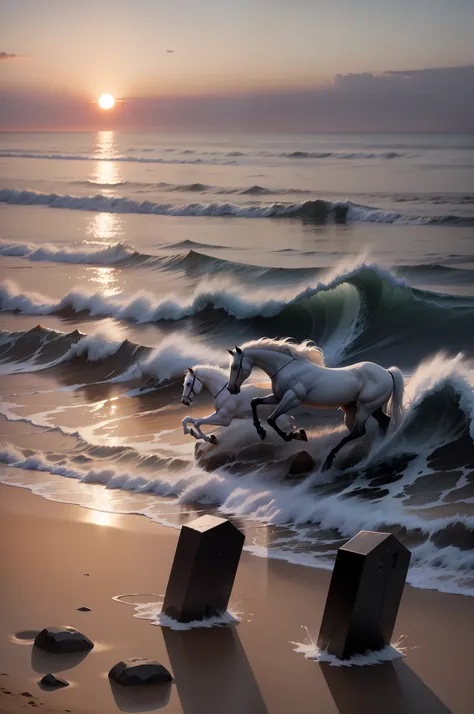 Deux des tombes en face de la mer au coucher du soleil sur la plage A white horse and a black horse