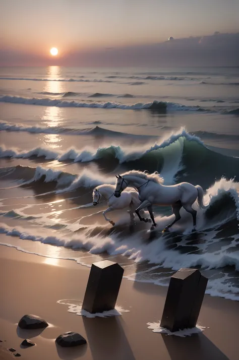 Deux des tombes en face de la mer au coucher du soleil sur la plage A white horse and a black horse Moon and sun