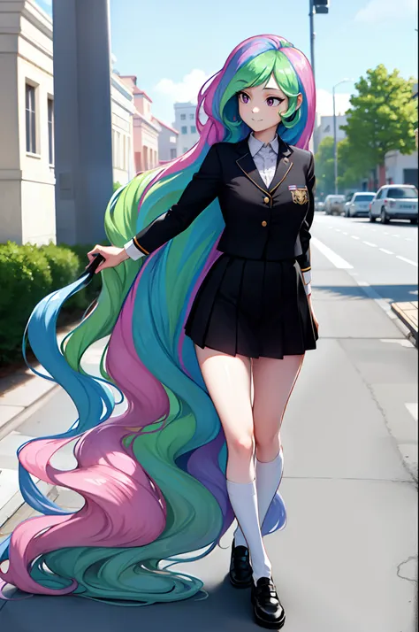 (from front), walking princess_celestia wearing a black school uniform, looking away, scene is city street, masterpiece, best quality