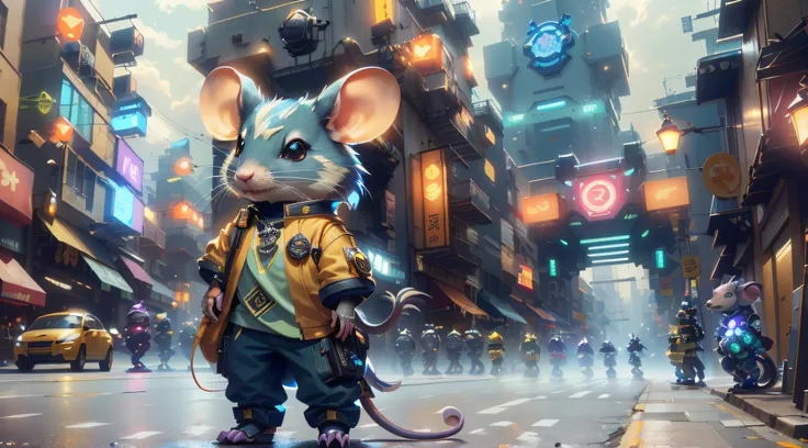 Theres a cartoon rat standing on a city street, Cyberpunk Mouse Folk Engenheiro, rato ciborgue, tipo de rato mecha, anthropomorphic mouse, bipe e Jeremias Ketner, Directed by: Ryan Yee, rato maplestory, rato steampunk, Ross Tran 8 K, Directed by: Jeremy Ch...