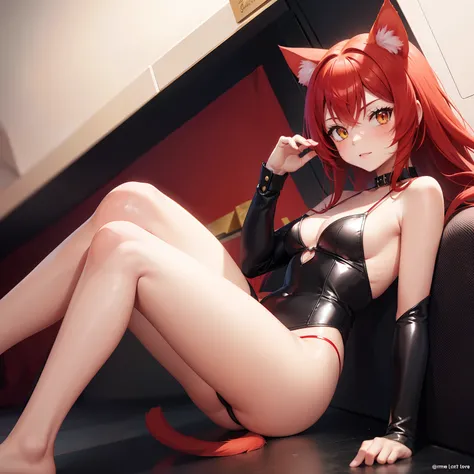 A cat girl with a petite frame. Red hair, red cat ears, red cat tail. Golden eyes. In the style of anime cartoon