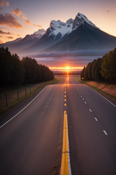 Straight road sunset