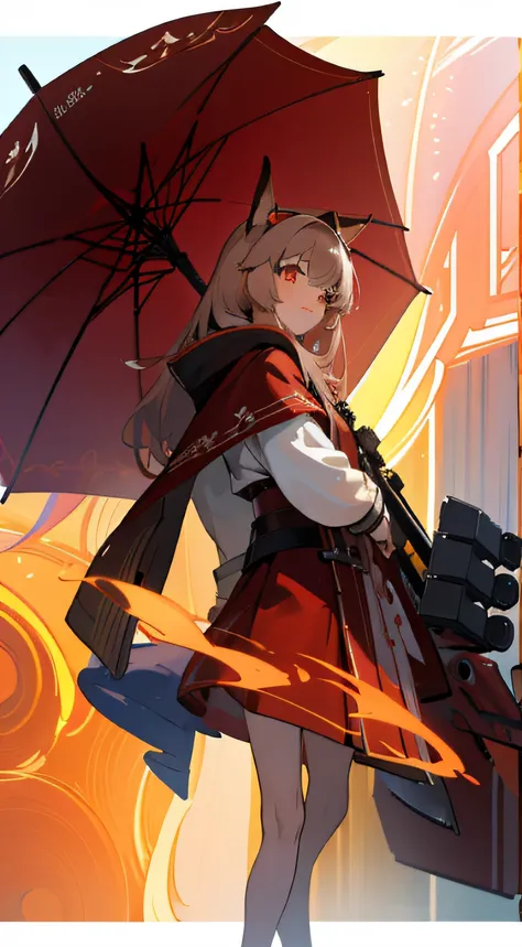 A woman in a red cloak holds a red umbrella《azur lane》videogame, Huge electromagnetic cannon，Fine details. Girl front, azur lane style, Kantai collection style, Girls Frontline CG, 《azur lane》role, girl with warship parts，Fox-eared maiden，brown  hair