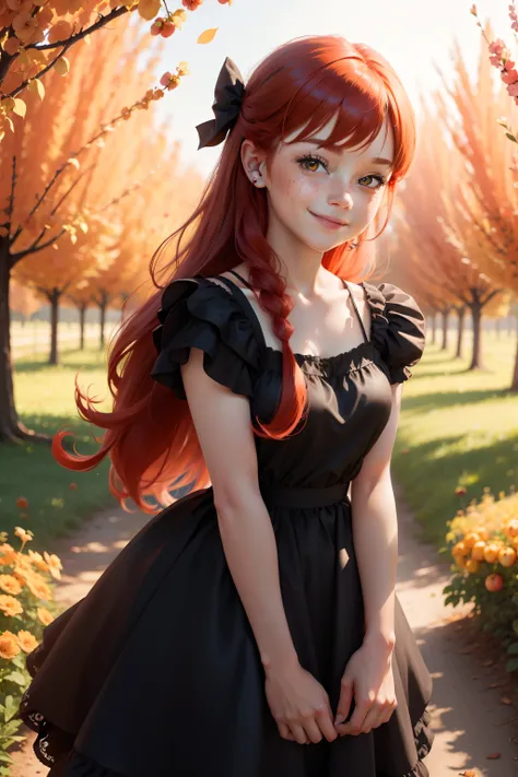 Apple Bloom, solo, red hair, long hair, orange eyes, freckles, adorable, smile, looking at viewer, black dress, nature, sweet apple acres, orchard, beautiful day, masterpiece, best quality, high quality