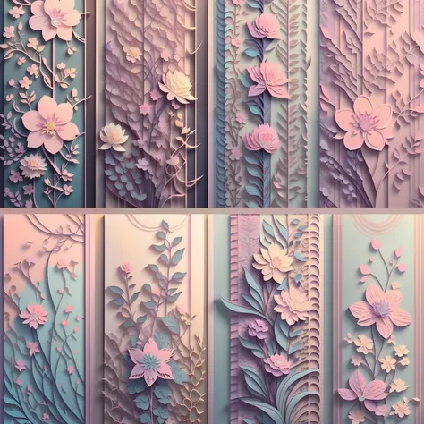 Flat style wallpaper, vector style floral vine pattern with pastel color tones including old pink, pastel blue, light blue, beige, soft purple, soft yellow and white without obvious shadows.