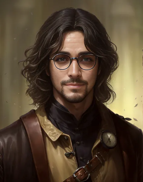 Theres a man with glasses and a leather jacket, Retrato de Harry Potter, Retrato de Harry Potter, fantasy genre portrait, retrato masculino da fantasia, Retrato masculino steampunk, retrato detalhado do caractere, retrato do personagem da fantasia, Retrato...