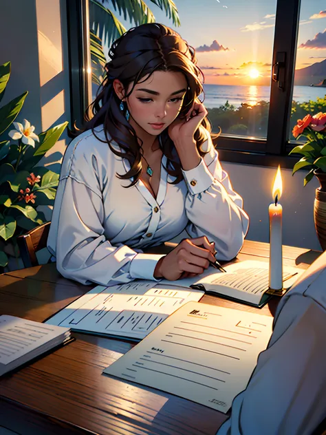 Beautiful woman with brown hair, fair skin, loose hair, sitting at the table, having a cup of coffee, writing in a notebook. On the table has a candle accesses, a cup of coffee, some flowers. Through the window it is possible to observe the sunset Hawaii L...