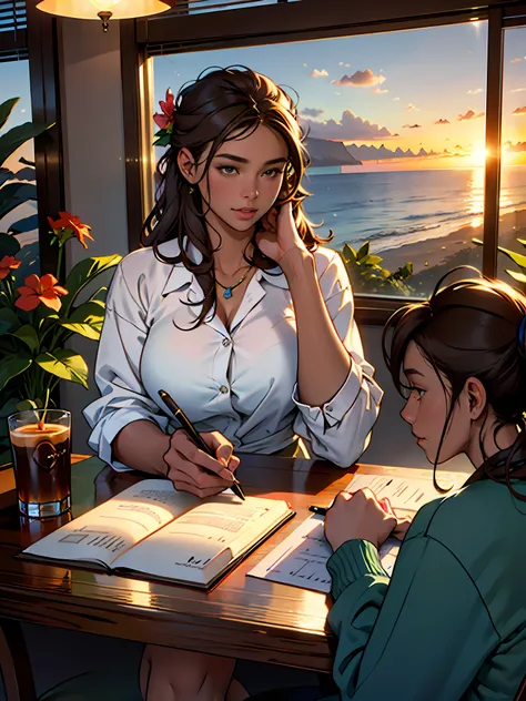 Beautiful woman with brown hair, fair skin, loose hair, sitting at the table, having a cup of coffee, writing in a notebook. On the table has a candle accesses, a cup of coffee, some flowers. Through the window it is possible to observe the sunset Hawaii L...