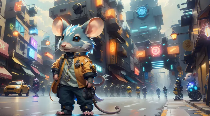 texturas 8k, muito detalhado, enquadramento perfeito, Theres a cartoon rat standing on a city street, Cyberpunk Mouse Folk Engenheiro, rato ciborgue, Tipo de Rato de Mecha, anthropomorphic mouse, Bipe e Jeremias Ketner, Directed by: Ryan Yee, Rato Maplesto...