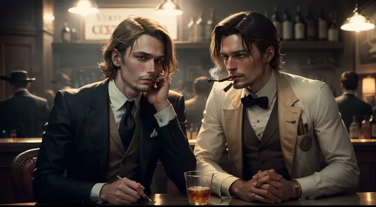 "Create a vintage image that depicts a bar scene from the 1914 era. Two characters are sitting at a table, wearing Italian suits of the time. Sobre a mesa, Theres an ashtray, cigarros, whiskey and a revolver dropped casually. Os personagens sentados no ban...