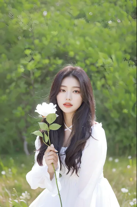 An Arad woman in a white dress holds a white flower in the field, Holding a flower, Holding a rose, With flowers, ulzzangs, bae suzy, with frozen flowers around her, Shin Jinying, jaeyeon nam, A young Asian woman, INFP young woman, Beautiful Chinese woman,...