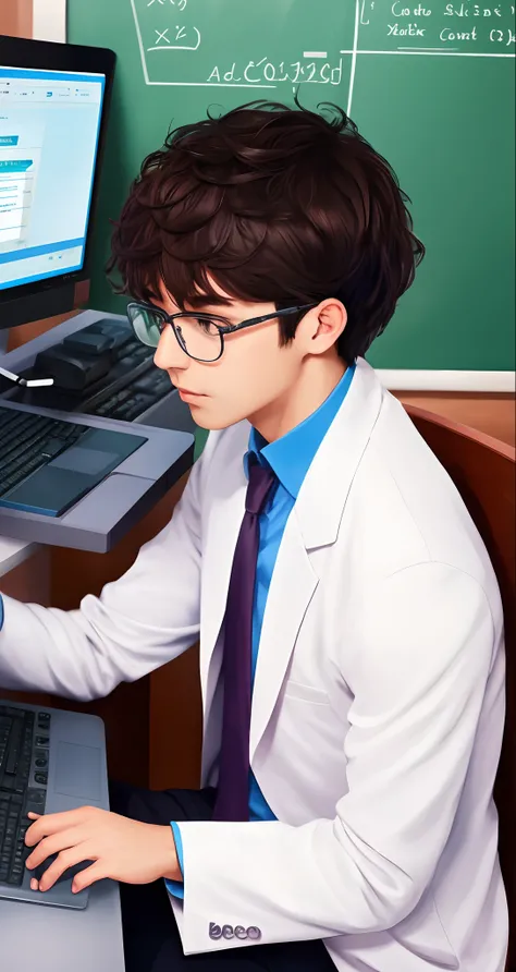 Glasses man，adolable，clever，brunette color hair，short detailed hair，Science，computers，Xueba，4K，schoolboy