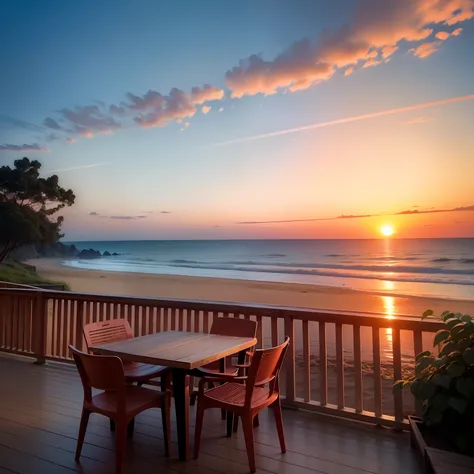 beachside，(Orange-red sunlight)，sandbeach，Landscape lights，(Wooden guardrails)，Square wooden table，A rattan chair，A torn photo，(clear blue skies)，baiyun，eventide，evening light，(rosy clouds)，(the setting sun)，Ultra-clear image quality，Low angle shot