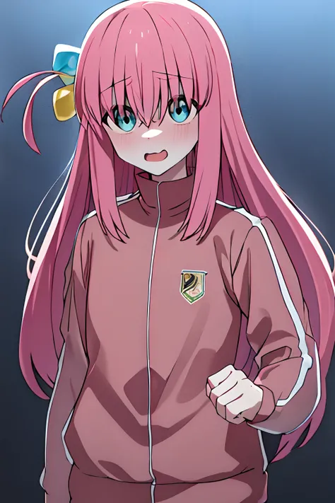 obra maestra, mejor calidad, highres, gotou1, gotou hitori, solo, chaqueta rosa, tracksuit, flequillo, pelo entre ojos, mangas largas, (Unfriendly face: 1.2), upper_body, boca ondulada, gota de sudor, boca abierta, enojada, tembloroso, al aire libre,