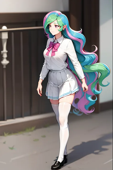 (from front), walking princess_celestia wearing a black school uniform, looking away, scene is city street, masterpiece, best quality