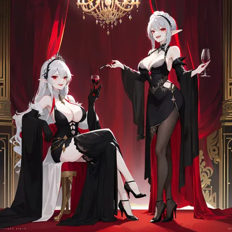 ((Cold and glamorous+Adult daughter+the elf+Black and red color scheme),whaite hair，long whitr hair，red - eyed，One bewitching woman，wonderful dress，shift dresses，long  skirt，Raised sexy，Black silk gloves，Starlight decoration，palace background，Next to her s...