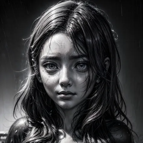 a zoomed-in view of a woman's face, captured in black and white, rain in the background, her eyes gazing directly at the viewer ...