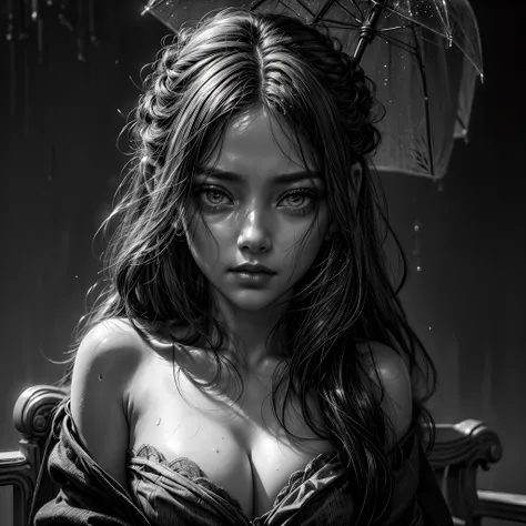 a zoomed-in view of a woman's face, captured in black and white, rain in the background, her eyes gazing directly at the viewer ...