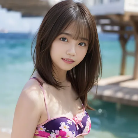 8k、masuter piece、​masterpiece、Cute floral pink bikini、bow ribbon、nogizaka