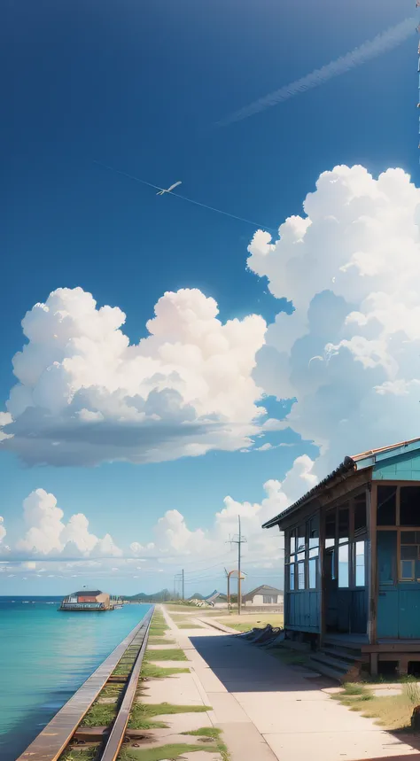 Tattered old station on the sea　Blue Sky Clouds Pastel　Station small high quality