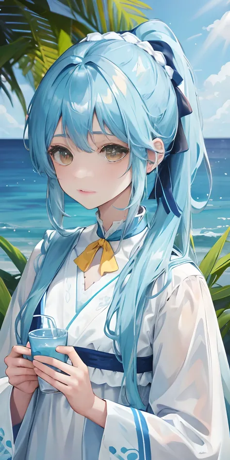 Against the background of the element of water，Light blue double ponytail hair，Yellow bells hung in his hair，Blue and white milk clothes，Cute cute girl