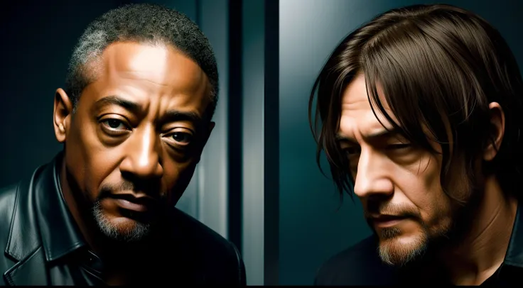 "Crie um retrato altamente realista dos atores Giancarlo Esposito e Norman Reedus. Os atores devem estar vestindo ternos elegantes de cores diferentes. Be sure to capture the individual appearances of the two actors extremely faithfully and realistically, ...