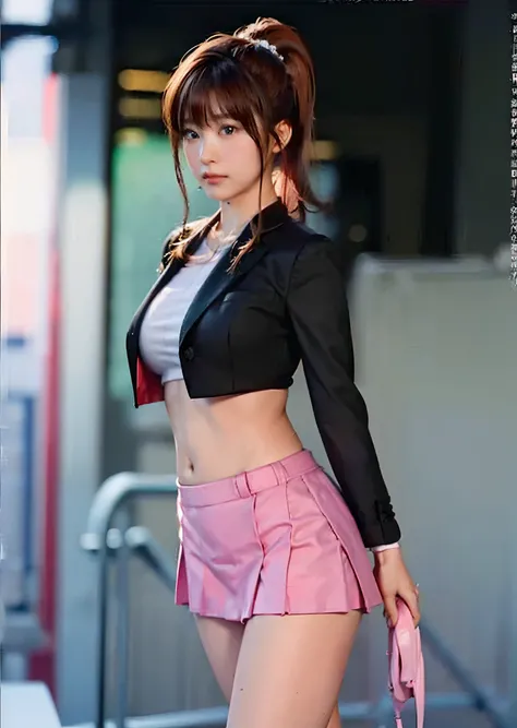 Pink hair woman walking down the street in a short skirt, very sexy costume, The skirt is rolled up.、Shorts are visible、flaxen ponytail、sleeve less、Beautiful navel、Beautiful facial features、Beautiful udder、beautiful thigh、Wearing a strict business suit, re...