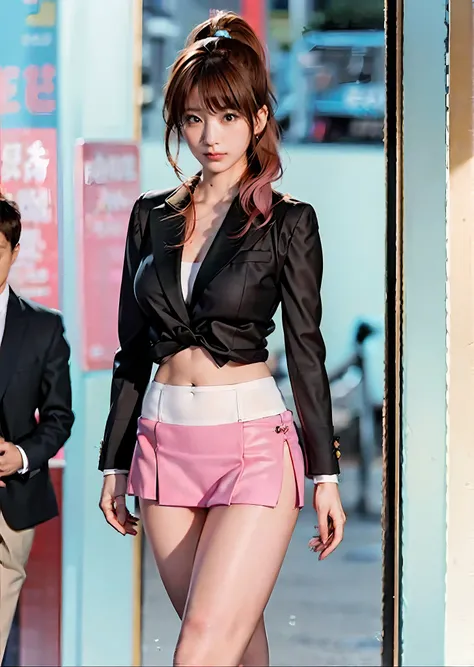 Pink hair woman walking down the street in a short skirt, very sexy costume, The skirt is rolled up.、Shorts are visible、flaxen ponytail、sleeve less、Beautiful navel、Beautiful facial features、Beautiful udder、beautiful thigh、Wearing a strict business suit, re...