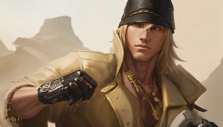 "Villiers de nieve, Final Fantasy XIII, Anatomically correct musculature, gabardina beige, guantes y sombrero negros, Fist in defensive posture."