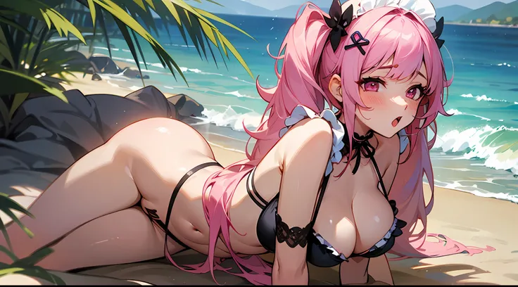 nsfw, 1 girl, game CG, sleeveless frilly black string bikini, cleavage visible, navel visible, maids hair ornament, maids small apron, gigantic breasts, pink hair, long hair, low twintails, princess hairstyle, stupid Hair, pink eyes, sea, sandy beach, 1boy...