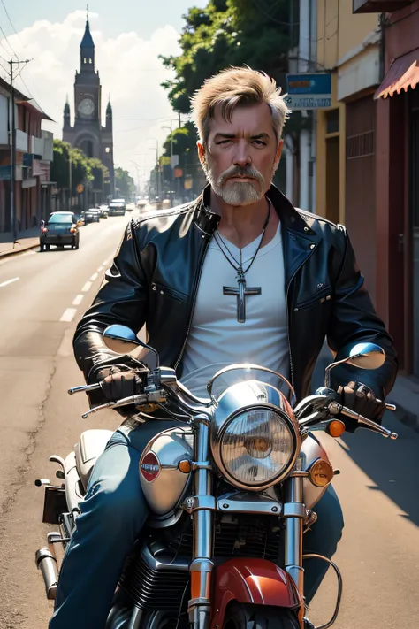 poster of a 50 year old man riding his motorcycle through south america, map of america in the background, crucifix necklace on his chest, white yamaha motorcycle, churches and basilicas on the side of the road