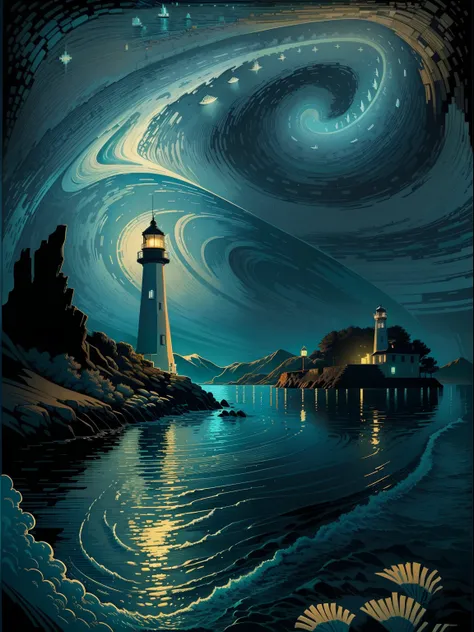 colorized seascape at night, lighthouse, in the style of graphic novel inspired illustrations, intricate landscapes, guatemalan art, #pixelart, poster art, sublime wilderness, high-contrast shading, stylized, van gogh, Screenprint, Suminagashi